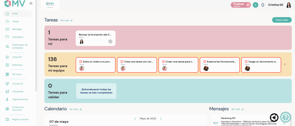 Captura de pantalla del inicio de la Intranet MV de Media for Value, con acceso a tareas, calendario y mensajes para farmacias, titulares y sus equipos.