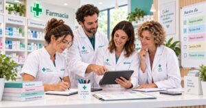 Tres personas del equipo de una farmacia trabajando en zonas distintas del mismo espacio