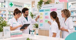 Rincón de rebotica con un corcho de notas y un cuaderno abierto sobre el mostrador