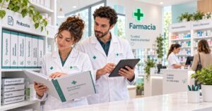 Una mano saca una carpeta de una estantería de archivadores en la rebotica de una farmacia