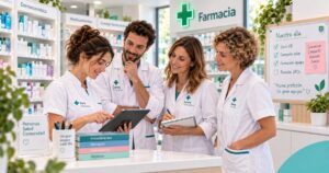 Dos personas de una farmacia se cruzan en el cambio de turno junto al mostrador
