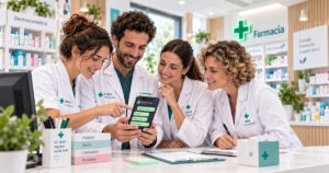 Teléfono móvil boca abajo sobre el mostrador de una farmacia, junto a una taza de café
