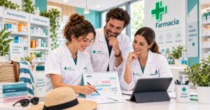Farmacia casi vacía en agosto, con dos personas de turno y luz fuerte de mediodía