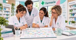 Planificador anual en blanco colgado en la pared de la rebotica de una farmacia