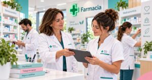 Farmacia española iluminada por dentro al anochecer, con una sola persona trabajando