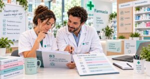 Dos personas de una farmacia hablando con unos papeles sobre la mesa de la rebotica