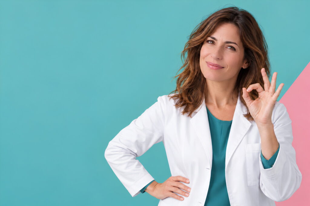 Farmacéutica en su farmacia haciendo el gesto de OK