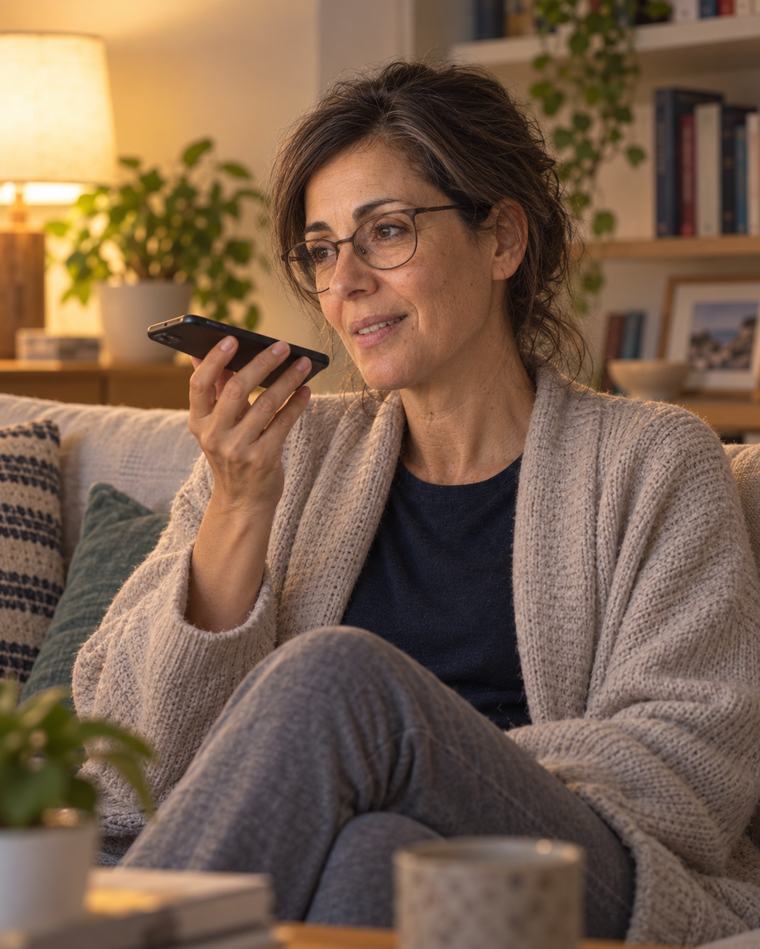 Titular en el sofá de casa hablando al móvil