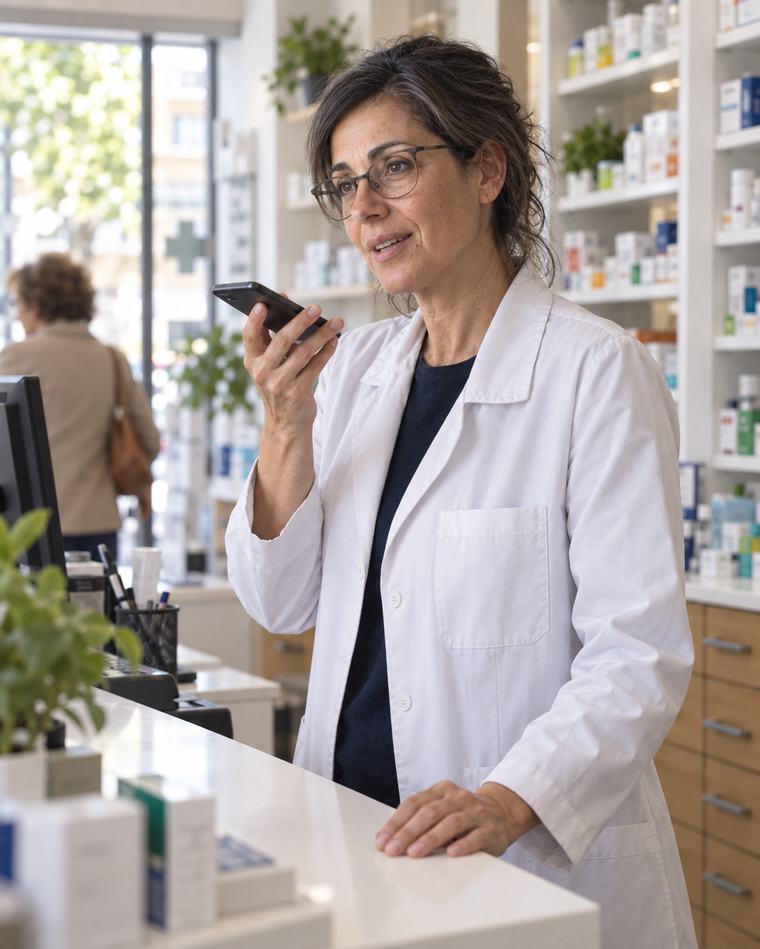 Farmacéutica hablando al móvil en el mostrador