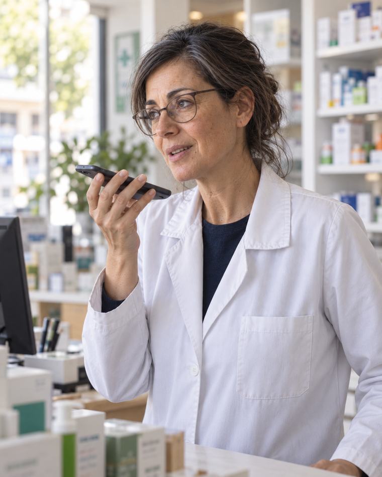 Titular de farmacia hablando al móvil detrás del mostrador