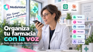 Farmacéutica organizando su farmacia por voz con el asistente de IA de MediaValue en ChatGPT y Claude